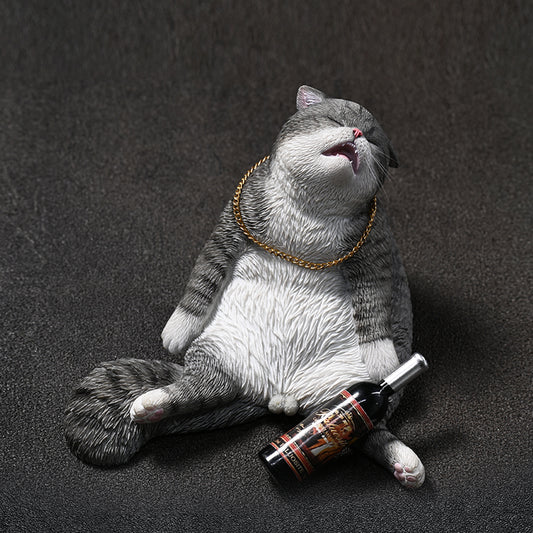 JXK187 Drunk Cat Figurine Resin Cat Statue for Desktop Gifts for Cat Lovers