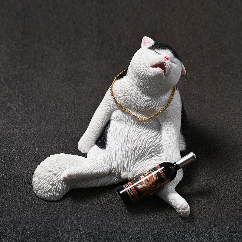 JXK187 Drunk Cat Figurine Resin Cat Statue for Desktop Gifts for Cat Lovers