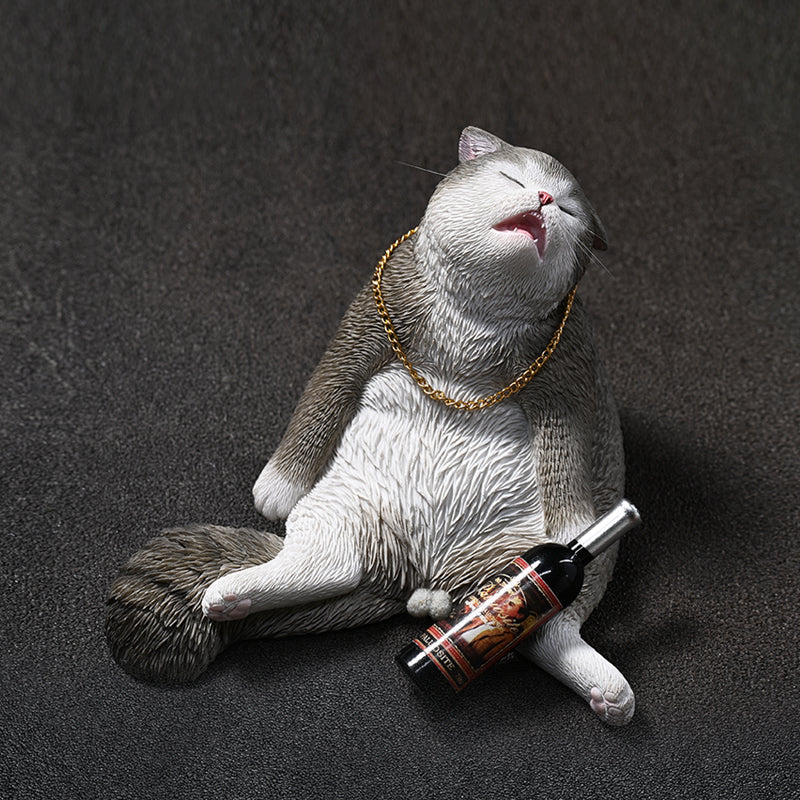 JXK187 Drunk Cat Figurine Resin Cat Statue for Desktop Gifts for Cat Lovers